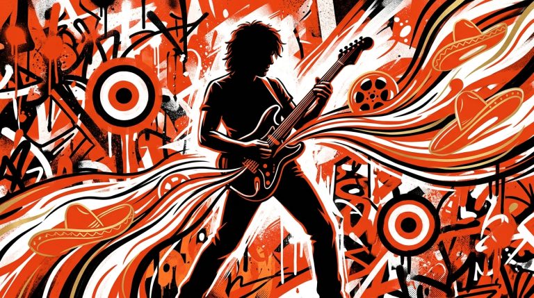 Ilustración street art del músico Chetes, con guitarra y símbolos de mariachi y cine por su álbum 'Blanco Fácil'.