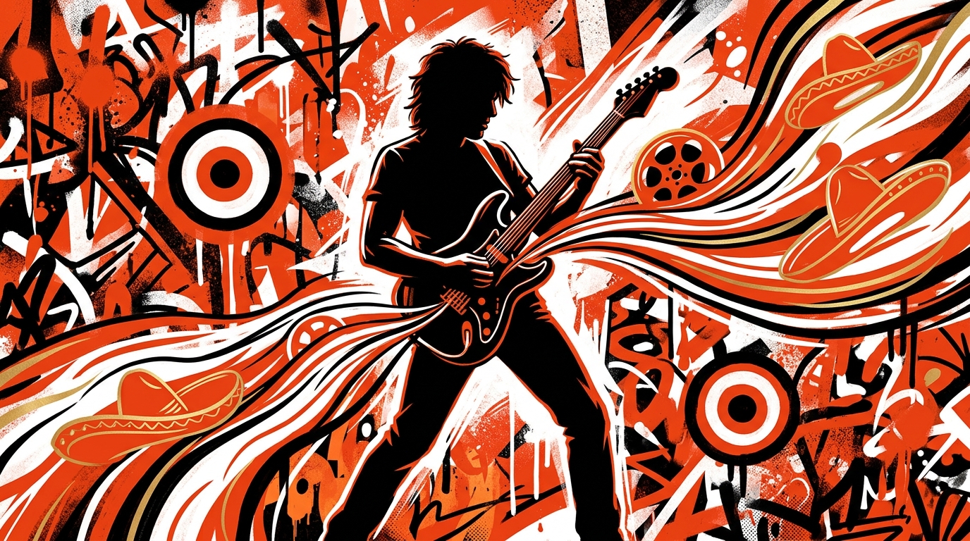 Ilustración street art del músico Chetes, con guitarra y símbolos de mariachi y cine por su álbum 'Blanco Fácil'.