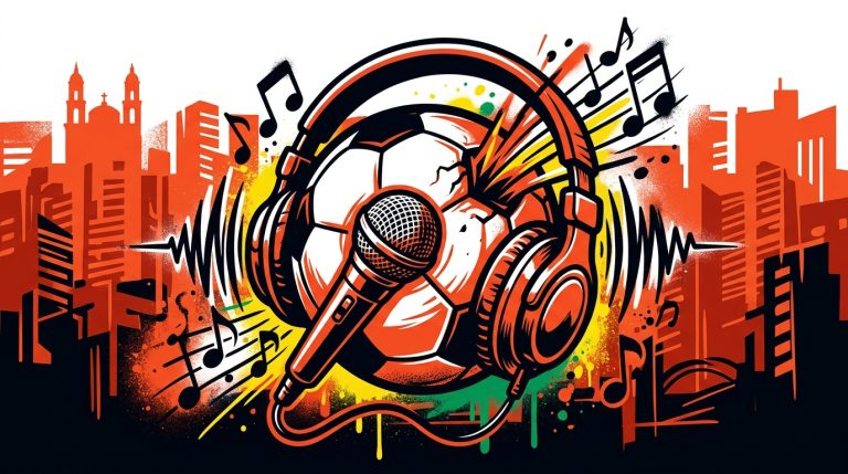 Ilustración urbana de un balón de fútbol con audífonos, simbolizando el talento musical oculto de los futbolistas.