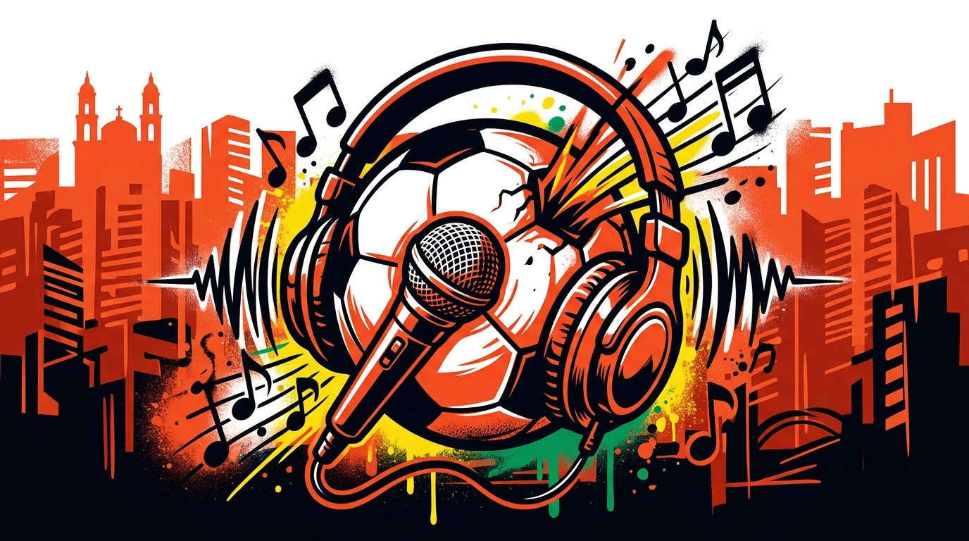 Ilustración urbana de un balón de fútbol con audífonos, simbolizando el talento musical oculto de los futbolistas.