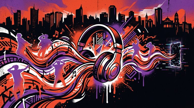 Ilustración de arte urbano sobre las mejores canciones de BTS. Auriculares emiten energía y siluetas de la banda bailando.