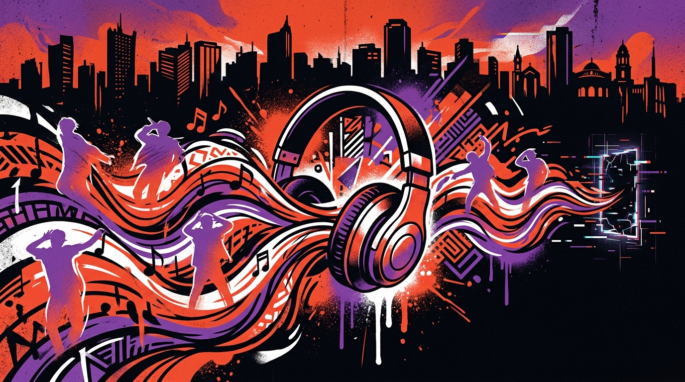Ilustración de arte urbano sobre las mejores canciones de BTS. Auriculares emiten energía y siluetas de la banda bailando.
