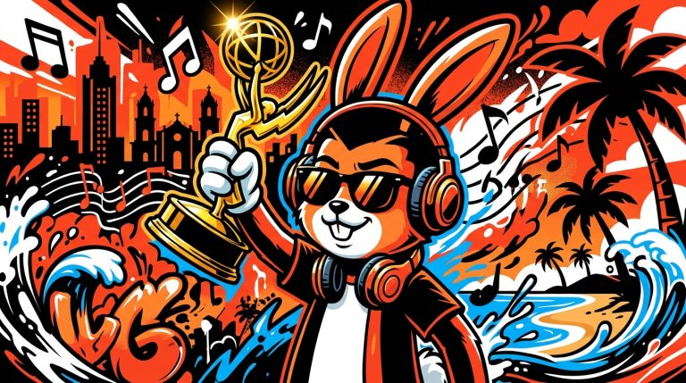 Ilustración urbana de un conejo con un premio dorado, celebrando las nominaciones al Emmy de Bad Bunny.