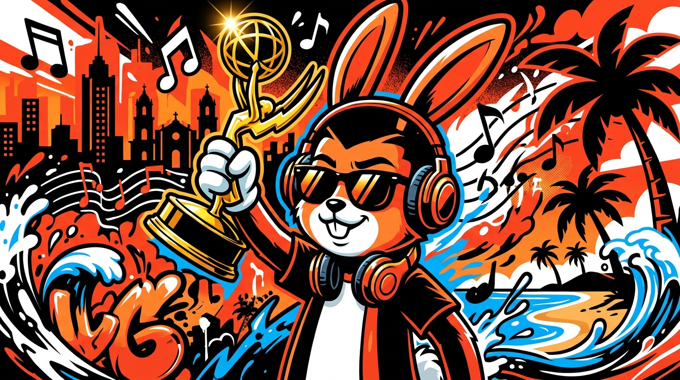 Ilustración urbana de un conejo con un premio dorado, celebrando las nominaciones al Emmy de Bad Bunny.