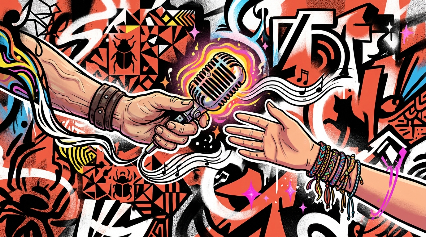 Ilustración urbana de dos manos intercambiando un micrófono, simbolizando el regalo musical de Paul McCartney a Taylor Swift.