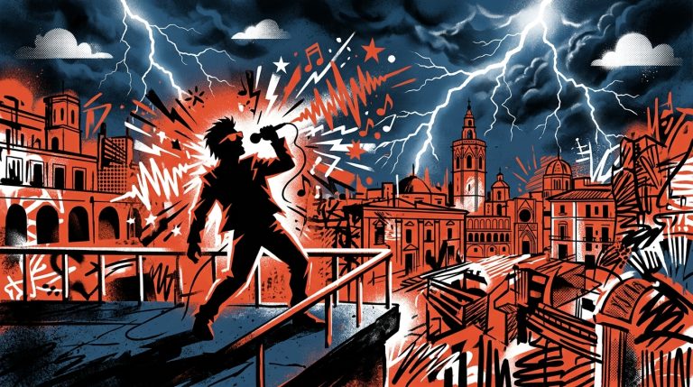 Ilustración urbana sobre U2 grabando en un balcón ajeno durante una tormenta. Estilo graffiti para Bonchona Radio.