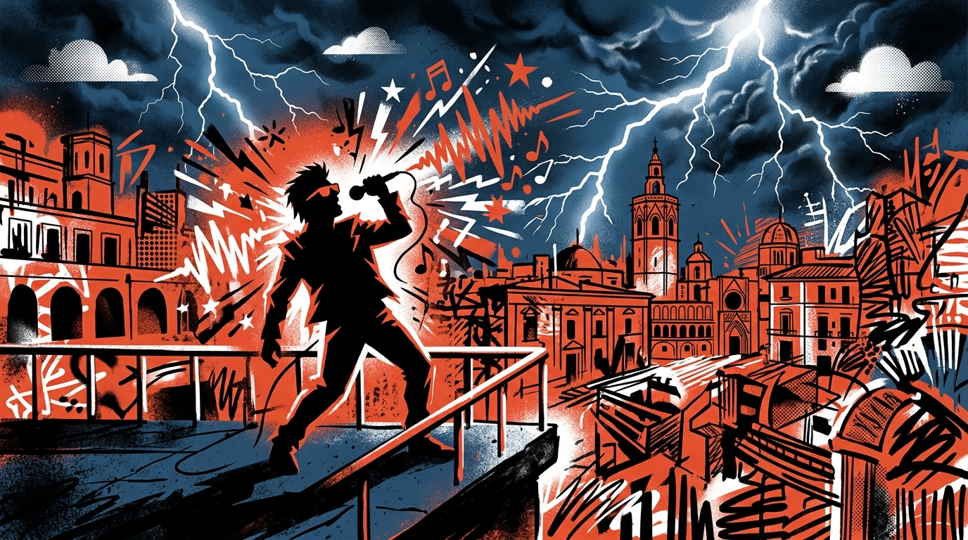 Ilustración urbana sobre U2 grabando en un balcón ajeno durante una tormenta. Estilo graffiti para Bonchona Radio.
