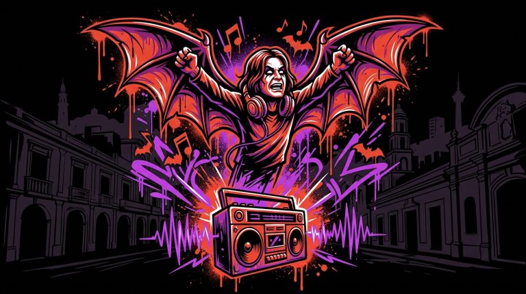 Ilustración urbana de Ozzy Osbourne celebrando el nuevo libro de Black Sabbath. Arte digital para Bonchona Radio.