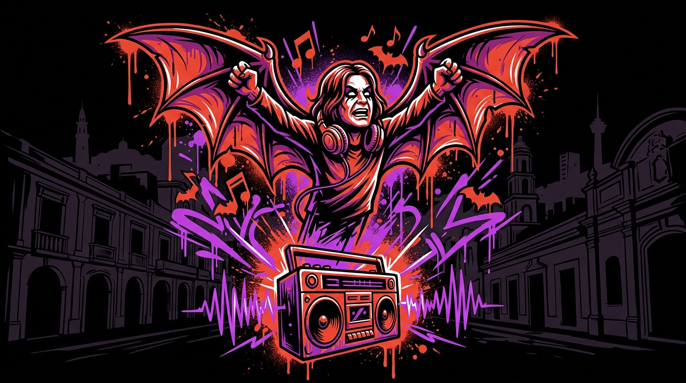 Ilustración urbana de Ozzy Osbourne celebrando el nuevo libro de Black Sabbath. Arte digital para Bonchona Radio.