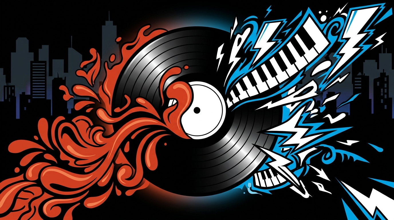 Ilustración urbana del vinilo de Mercedes Sosa y Charly García, una fusión de folklore y rock.