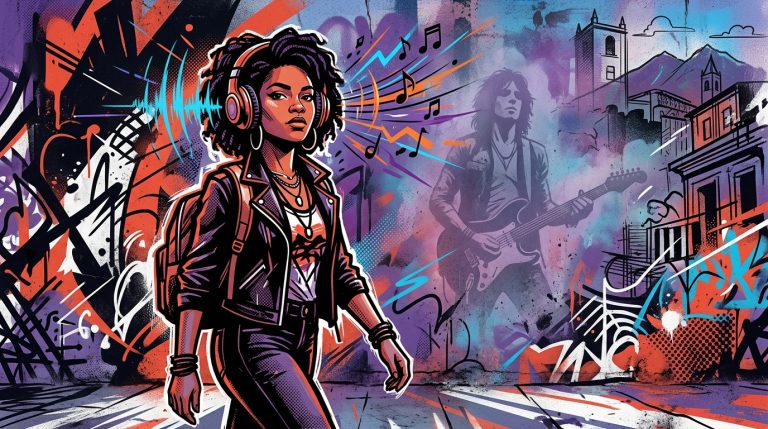 Ilustración de arte urbano de una joven artista, representando el nuevo disco y la identidad musical de Lisa María (Cerati).