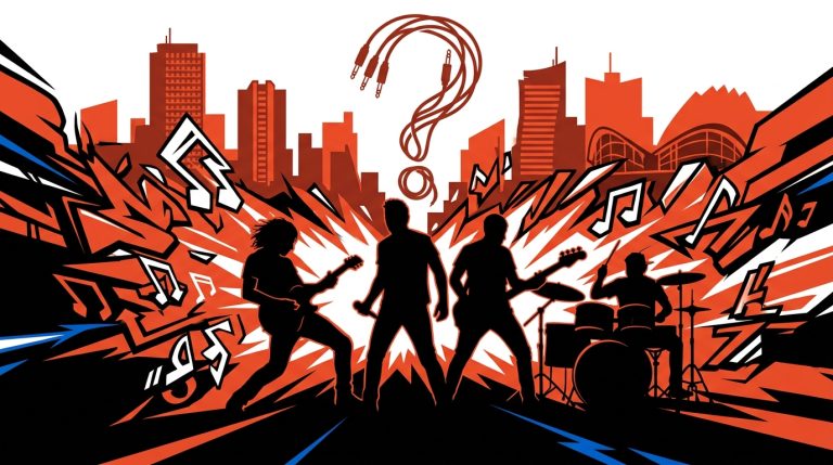 Ilustración de arte urbano sobre el regreso de U2. Silueta de banda de rock con ondas sonoras en rojo, negro y blanco.