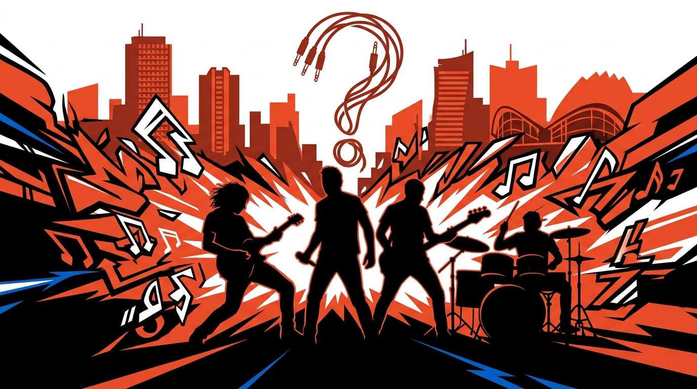 Ilustración de arte urbano sobre el regreso de U2. Silueta de banda de rock con ondas sonoras en rojo, negro y blanco.
