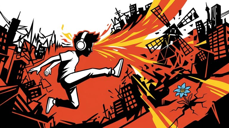 Ilustración urbana del álbum Cabriola de Dianka!. Una figura con audífonos salta, inspirada en Don Quijote y Heidi.