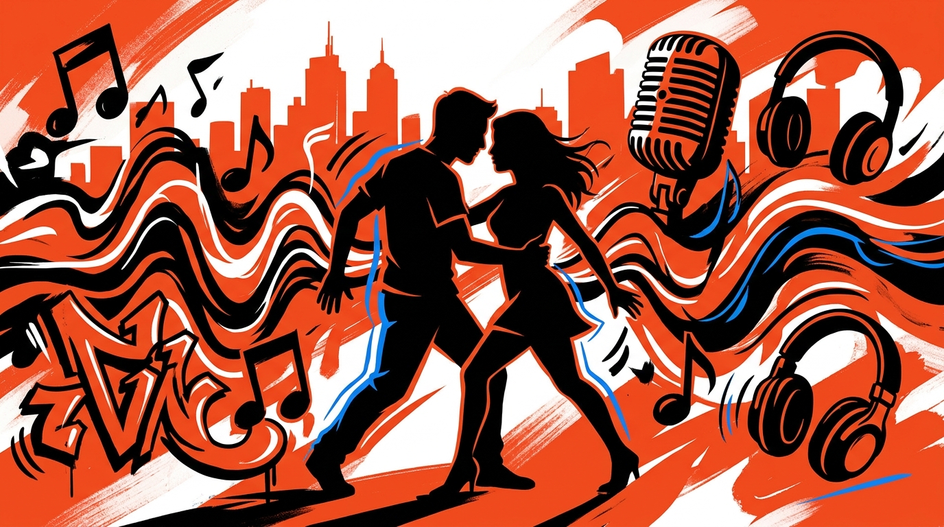 Ilustración urbana del tema de De La Rose y Ryan Castro: dos siluetas bailando con energía musical.