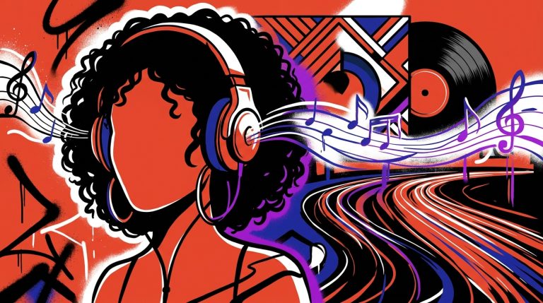 Ilustración urbana del nuevo álbum 'RRRomeo' de Girl Ultra. Una artista de R&B con audífonos en una ciudad colorida.