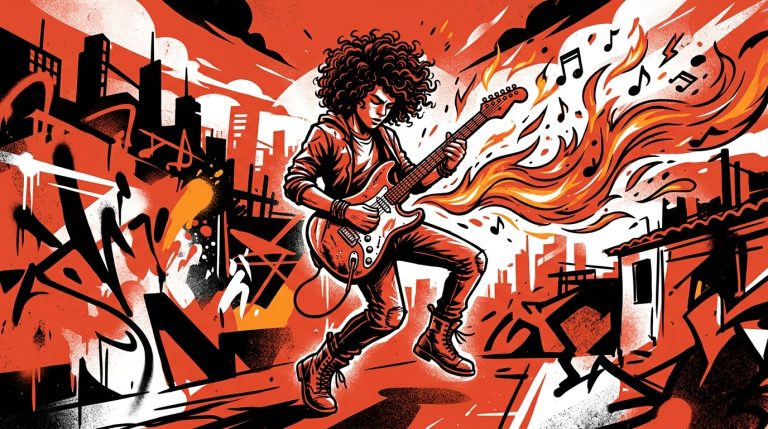 Ilustración urbana de Finn Wolfhard en su faceta rock, con guitarra y energía musical. Arte para Bonchona Radio 107.1 FM.