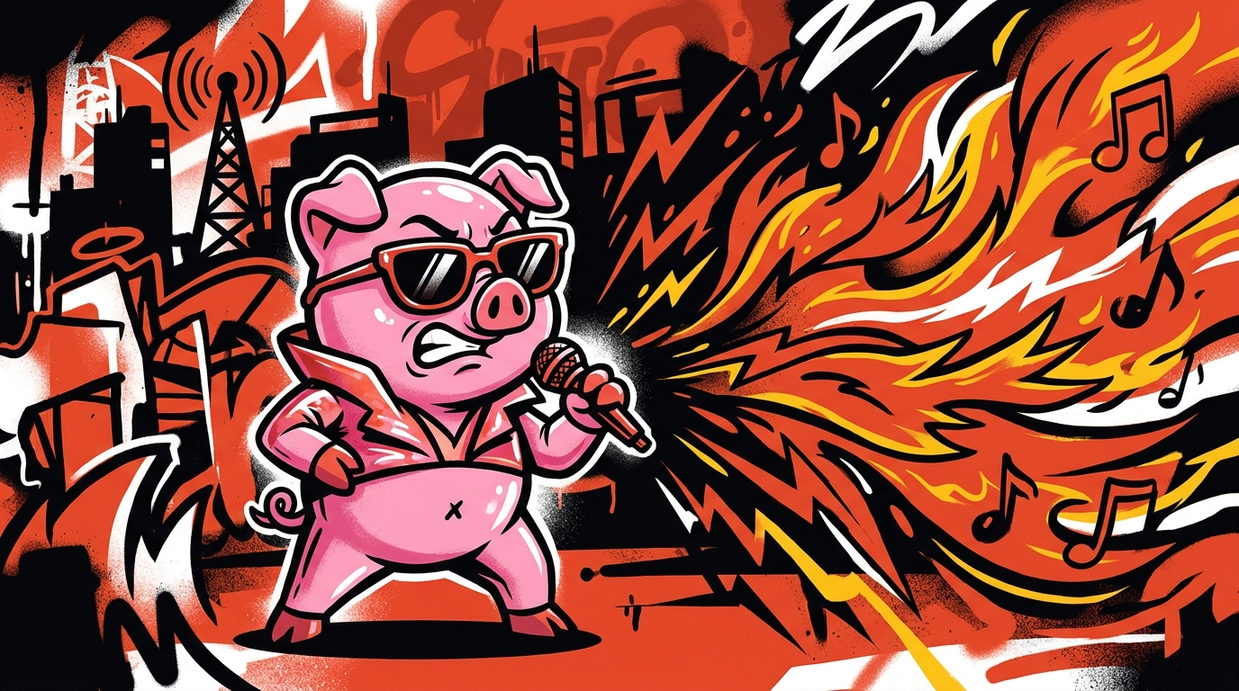 Ilustración de arte urbano sobre la polémica musical entre Peppa Pig y la cantante Clairo. Estilo graffiti y colores vivos.