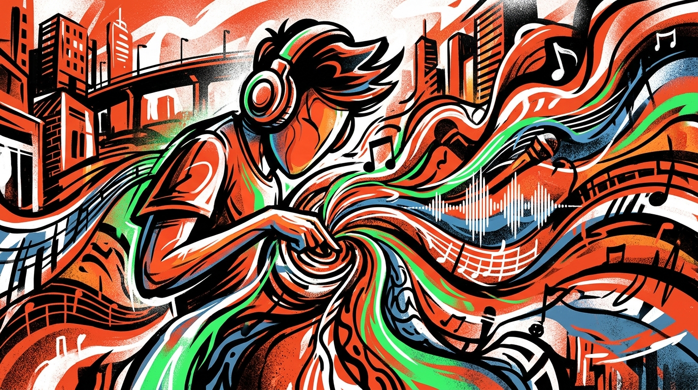 Ilustración urbana sobre la música de Galo Barker. Arte juvenil con audífonos y energía sonora en la ciudad.