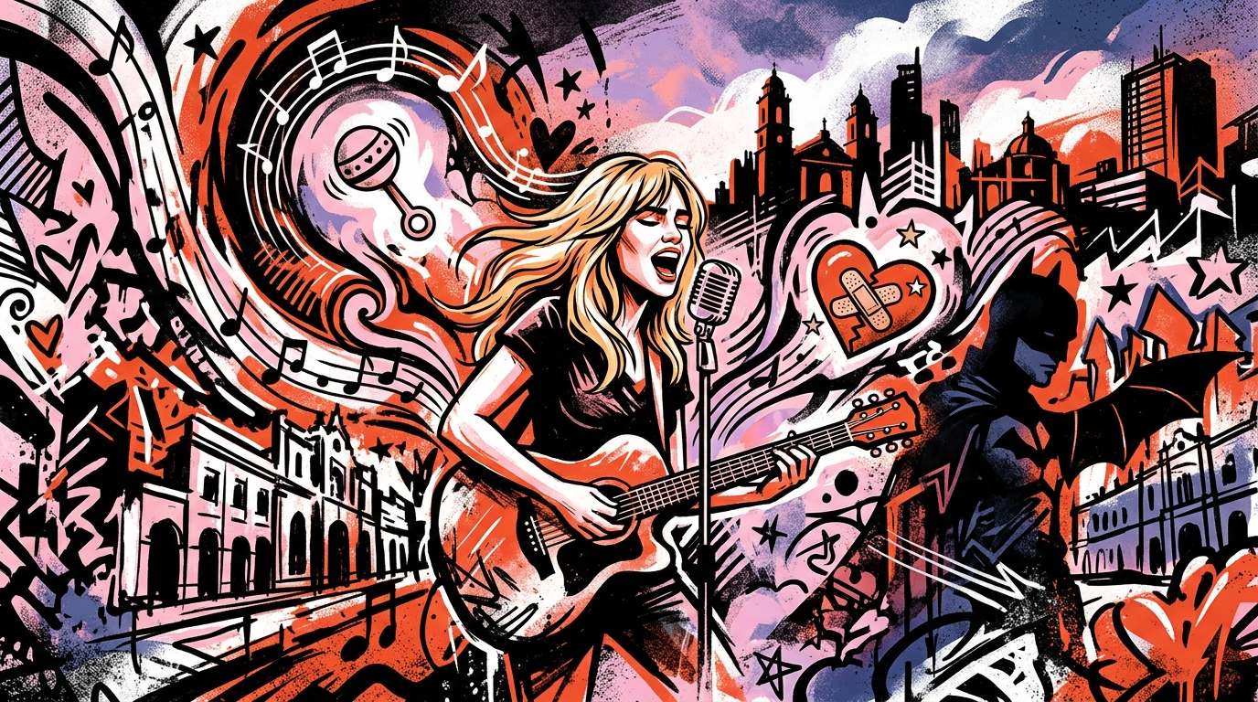 Ilustración urbana sobre el álbum Loveland de Suki Waterhouse y su historia de amor con Robert Pattinson.