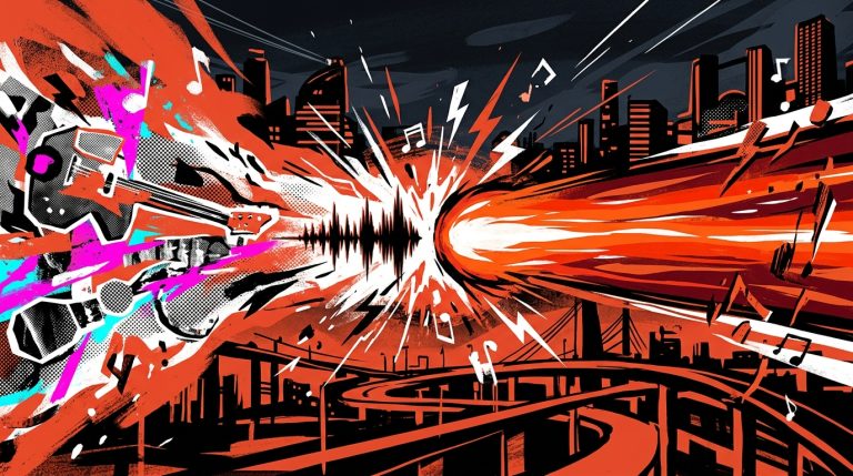Ilustración urbana de la colaboración musical entre The Linda Lindas y Hayley Williams, con energía pop-punk sobre Valencia.
