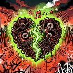 Ilustración urbana de un corazón roto con notas musicales, inspirada en la nueva canción de Feid, 'A Xon De Que'.