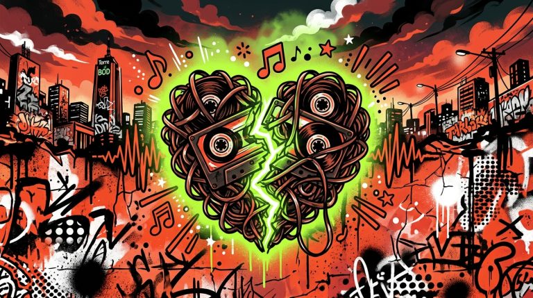 Ilustración urbana de un corazón roto con notas musicales, inspirada en la nueva canción de Feid, 'A Xon De Que'.
