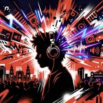 Ilustración urbana para el Bogotá Distrito Rave. Joven con audífonos y una explosión de colores al estilo de Bonchona Radio.