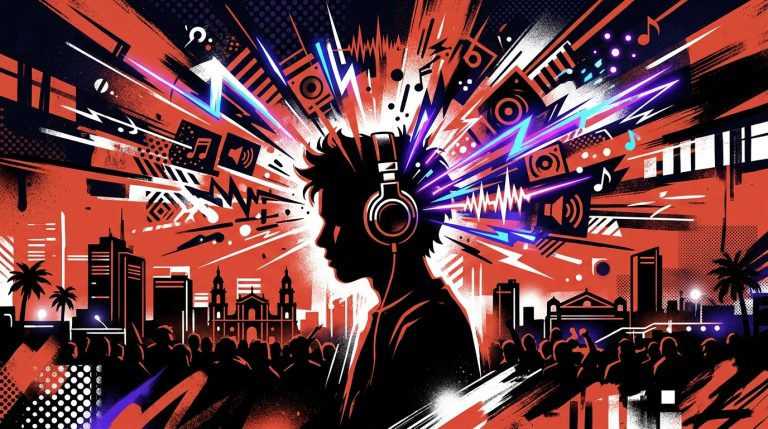 Ilustración urbana para el Bogotá Distrito Rave. Joven con audífonos y una explosión de colores al estilo de Bonchona Radio.