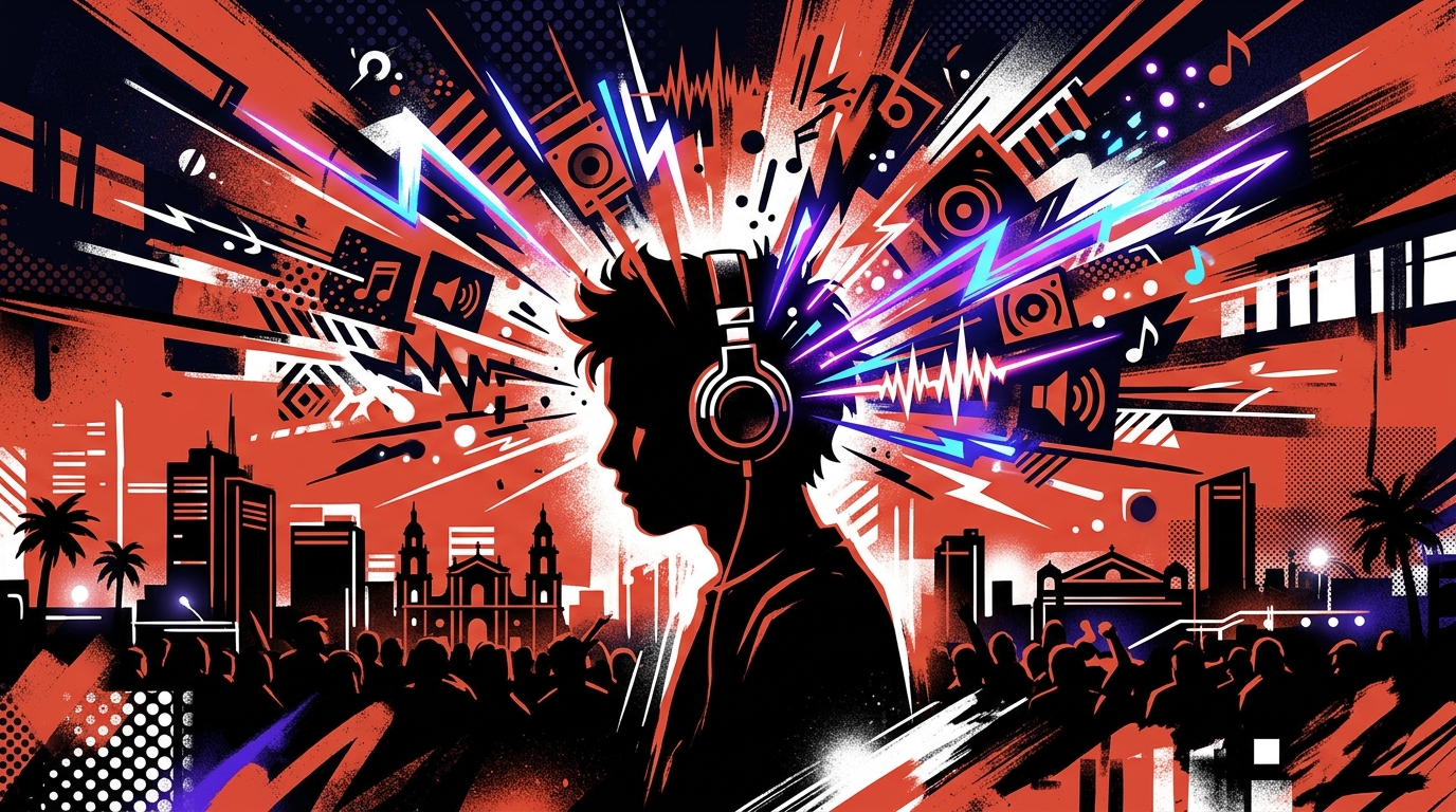 Ilustración urbana para el Bogotá Distrito Rave. Joven con audífonos y una explosión de colores al estilo de Bonchona Radio.
