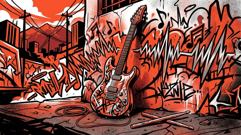 Ilustración urbana estilo graffiti de una guitarra y baquetas rotas, simbolizando la gira de despedida de la banda Sepultura.