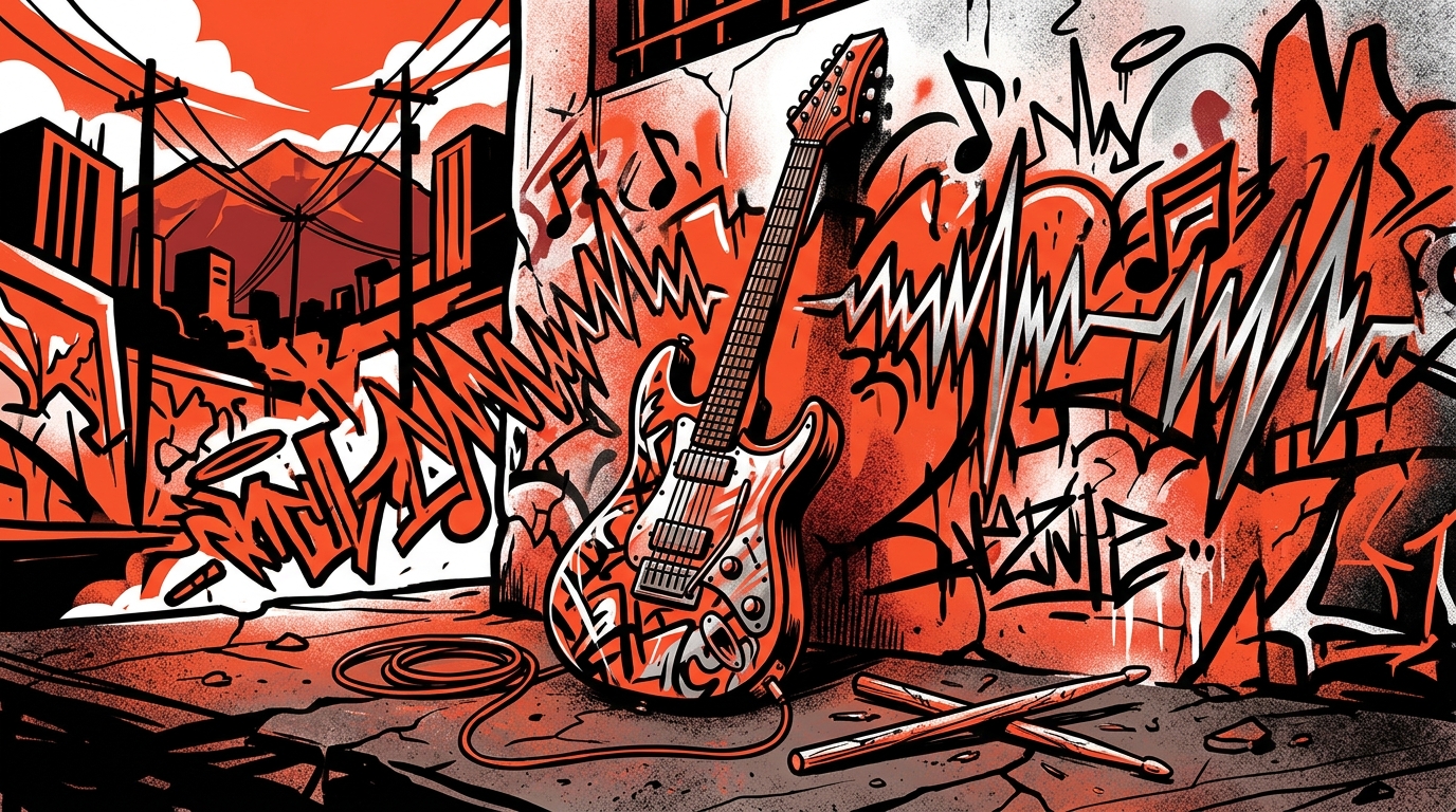 Ilustración urbana estilo graffiti de una guitarra y baquetas rotas, simbolizando la gira de despedida de la banda Sepultura.