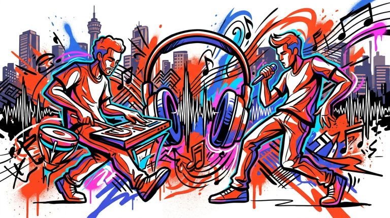 Ilustración urbana de K-Pop sobre Super Junior-83z. Dos figuras con estilo graffiti y elementos musicales en Valencia.