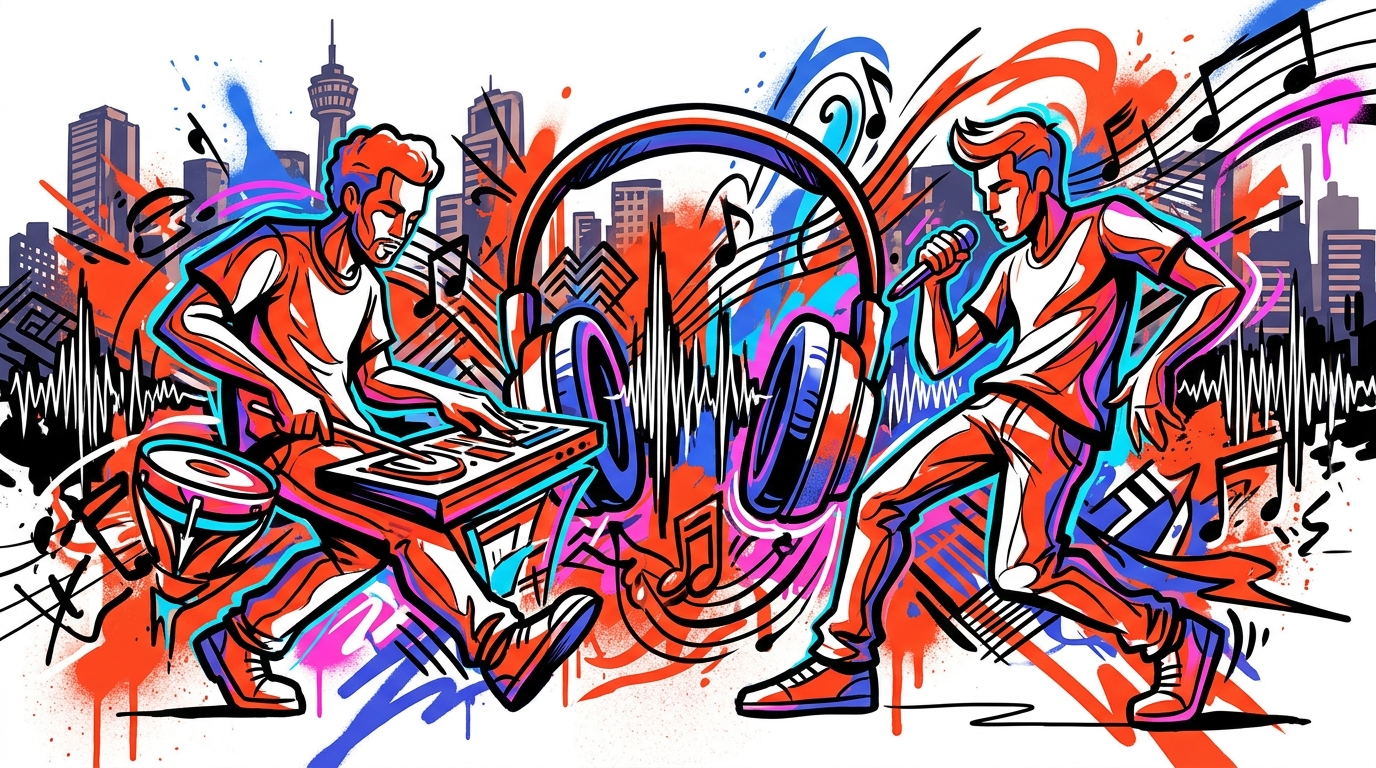 Ilustración urbana de K-Pop sobre Super Junior-83z. Dos figuras con estilo graffiti y elementos musicales en Valencia.