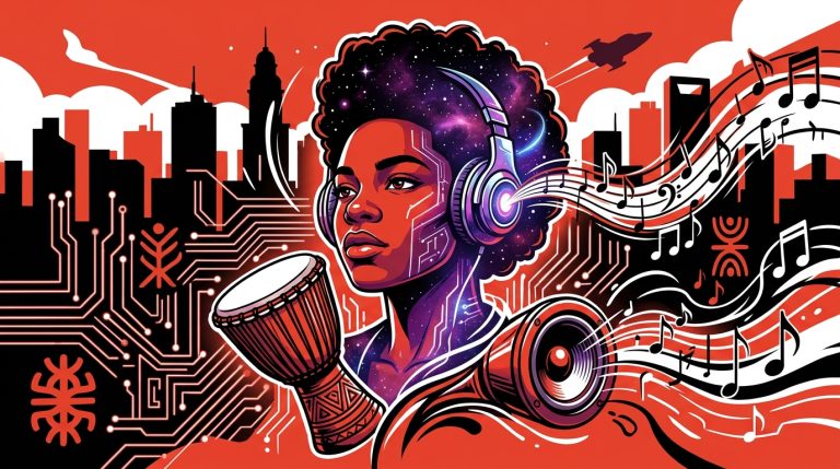 Ilustración de arte urbano venezolano sobre Afrofuturismo, mezclando tecnología, música y raíces africanas en un estilo moderno.