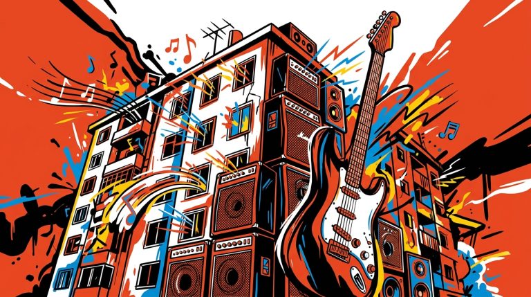 Ilustración urbana de un edificio como amplificador, simbolizando el concierto en casa del festival Quilmes Rock.