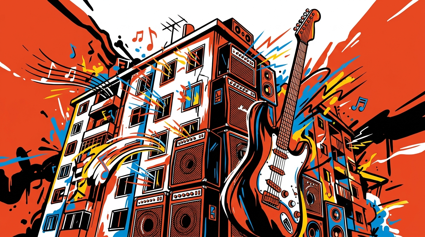 Ilustración urbana de un edificio como amplificador, simbolizando el concierto en casa del festival Quilmes Rock.