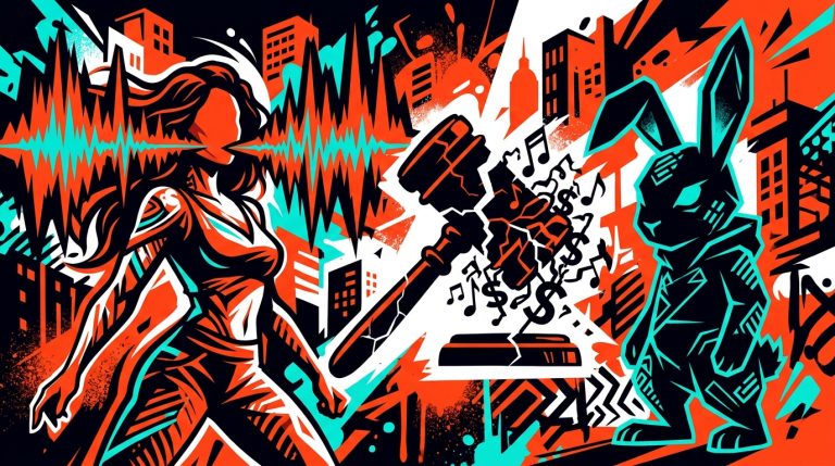 Ilustración urbana de una mujer y un conejo enfrentados, simbolizando la demanda millonaria contra Bad Bunny por su voz.