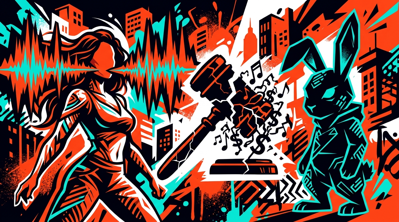 Ilustración urbana de una mujer y un conejo enfrentados, simbolizando la demanda millonaria contra Bad Bunny por su voz.