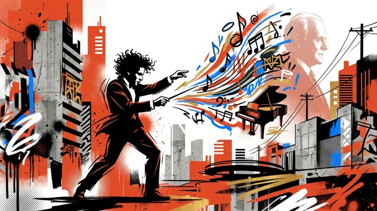 Ilustración urbana de la colaboración sinfónica entre Anthony Hopkins y Gustavo Dudamel.