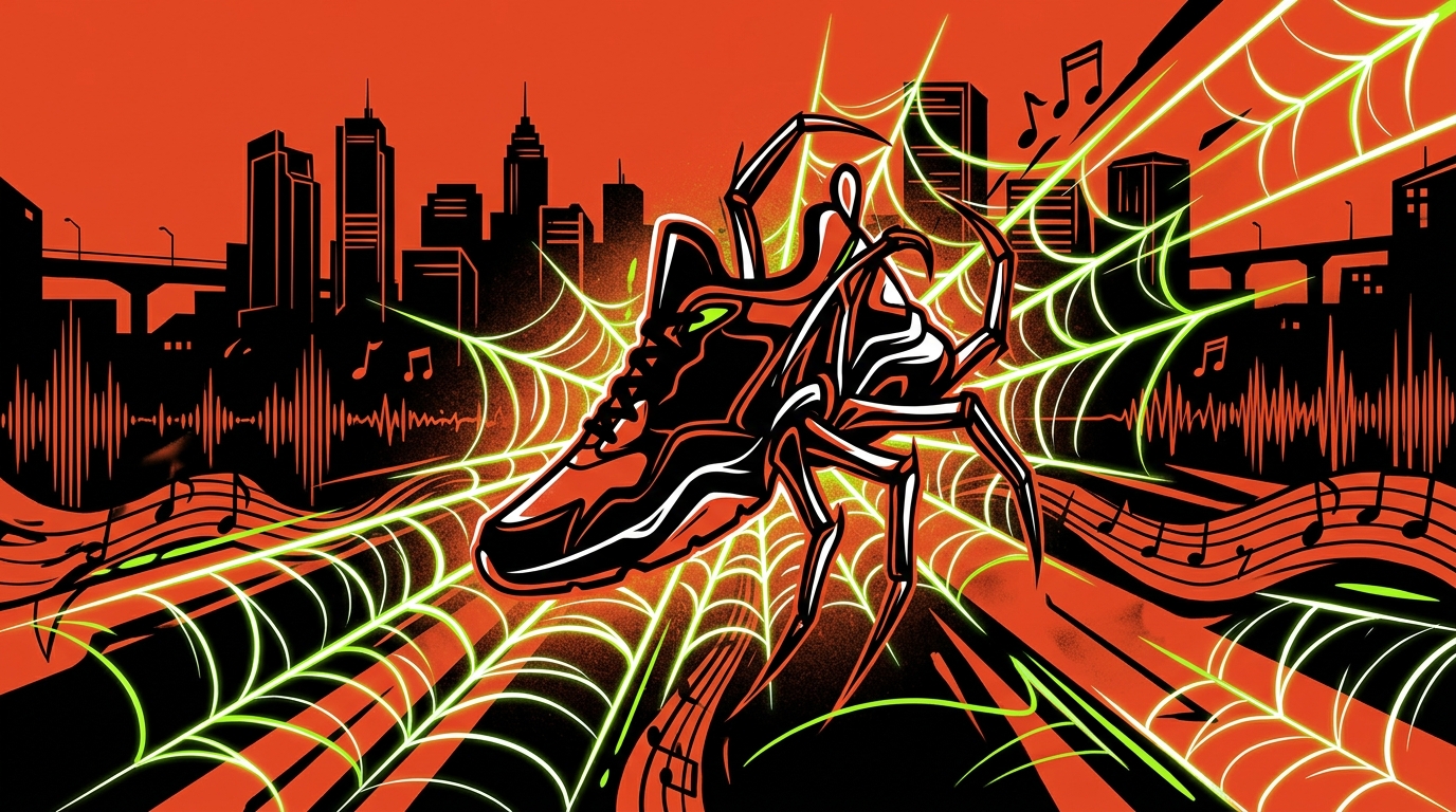 Ilustración urbana de las zapatillas Bad Bunny y Adidas con inspiración arácnida. Estilo graffiti en naranja, negro y blanco.