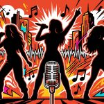 Ilustración de arte urbano sobre la gira de Karol G, Becky G y Elena Rose. Tres siluetas de artistas en un fondo vibrante.
