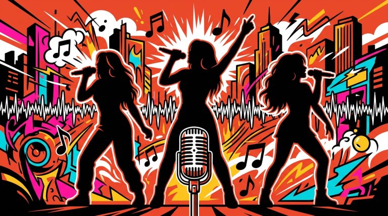 Ilustración de arte urbano sobre la gira de Karol G, Becky G y Elena Rose. Tres siluetas de artistas en un fondo vibrante.