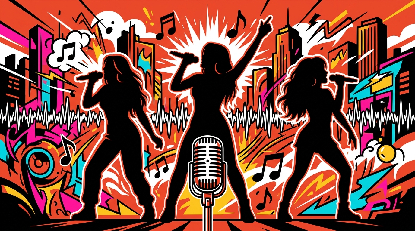 Ilustración de arte urbano sobre la gira de Karol G, Becky G y Elena Rose. Tres siluetas de artistas en un fondo vibrante.