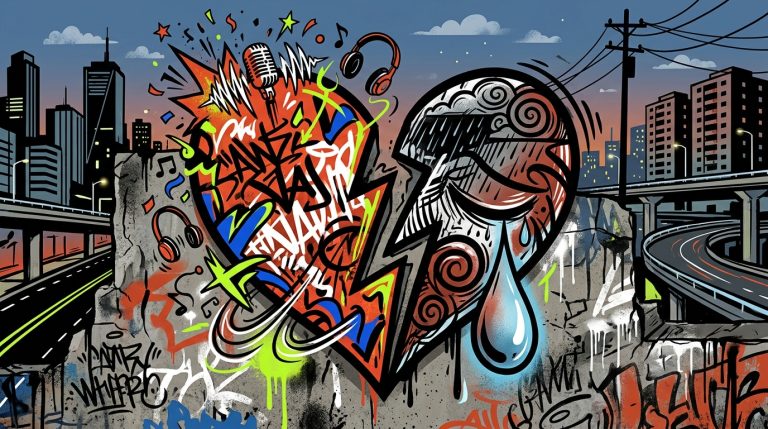 Ilustración urbana de un corazón partido entre fiesta y despecho para la canción 'Soda con Tequila' de BROKIX en Bonchona Radio.