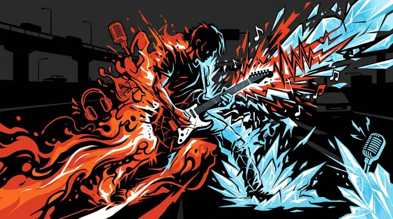 Ilustración urbana de la furia musical de Jack White en 'Frozen Charlotte', con una explosión de guitarras, fuego y hielo.