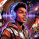 Ilustración digital de Afrofuturismo. Figura con audífonos futuristas en un entorno urbano-cósmico venezolano.