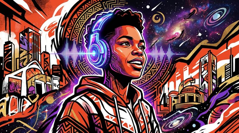 Ilustración digital de Afrofuturismo. Figura con audífonos futuristas en un entorno urbano-cósmico venezolano.