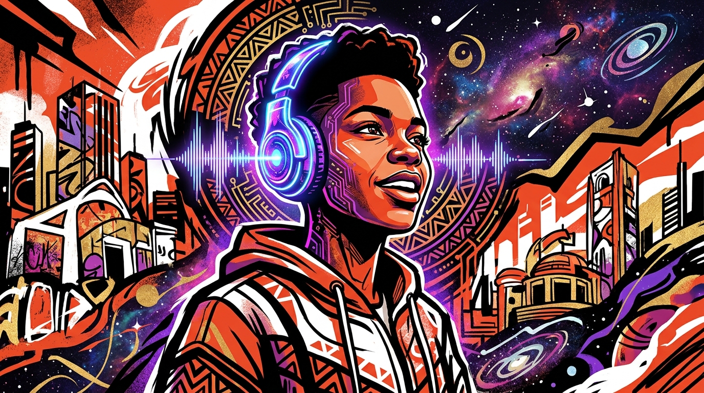 Ilustración digital de Afrofuturismo. Figura con audífonos futuristas en un entorno urbano-cósmico venezolano.