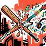 Ilustración urbana de un bate de béisbol transformándose en guitarra, simbolizando la historia del cantante Beéle en Venezuela.